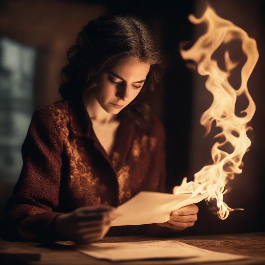 An image of a woman, captured in high resolution, as she sets a letter ablaze