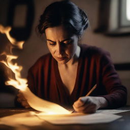 An image of a woman, captured in high resolution, as she sets a letter ablaze