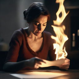 An image of a woman, captured in high resolution, as she sets a letter ablaze