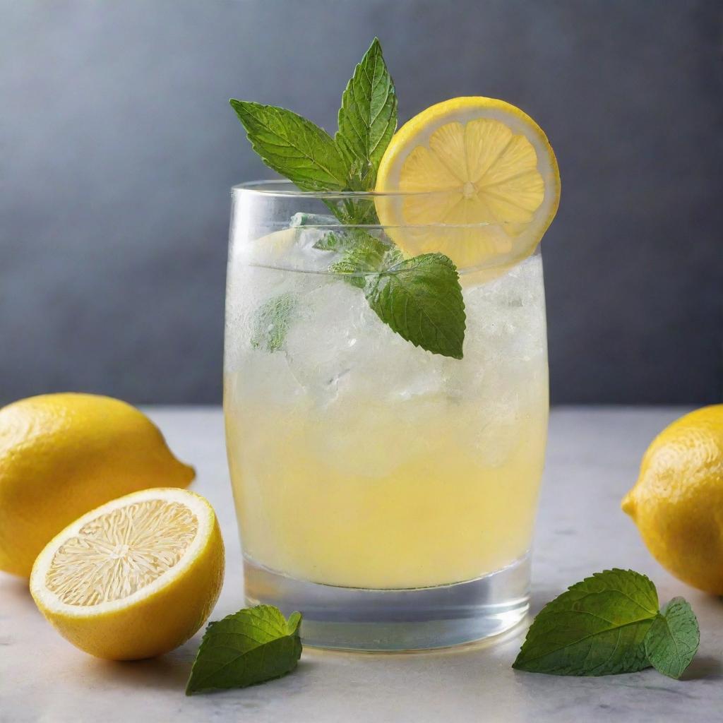 A lavish crystal glass filled with fresh, tangy lemon juice, accented by a slice of lemon and a sprig of mint.