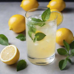 A lavish crystal glass filled with fresh, tangy lemon juice, accented by a slice of lemon and a sprig of mint.