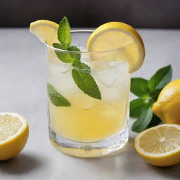 A lavish crystal glass filled with fresh, tangy lemon juice, accented by a slice of lemon and a sprig of mint.