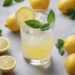 A lavish crystal glass filled with fresh, tangy lemon juice, accented by a slice of lemon and a sprig of mint.