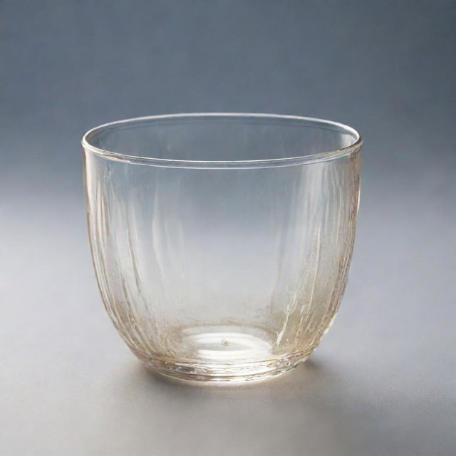 A perfectly rendered glass cup with translucent details, catching a gleam from soft light