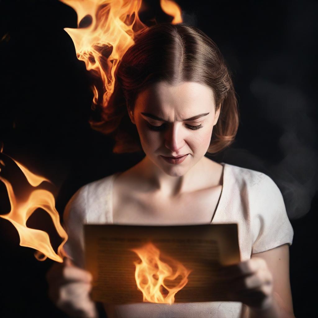 A high-quality, realistic image portraying a woman in the act of burning a letter