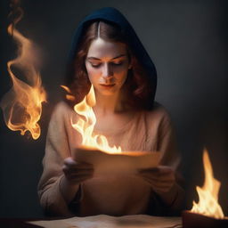 A high-quality, realistic image portraying a woman in the act of burning a letter