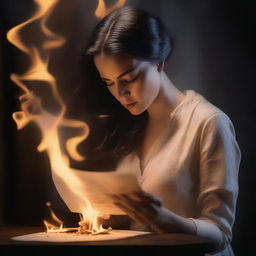 A high-quality, realistic image portraying a woman in the act of burning a letter