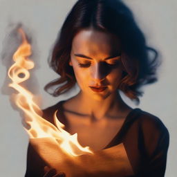 A high-quality, realistic image portraying a woman in the act of burning a letter