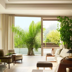 Modern luxurious interior design, wide-open space with natural light, minimalist furniture, accentuated with green plants and art pieces.