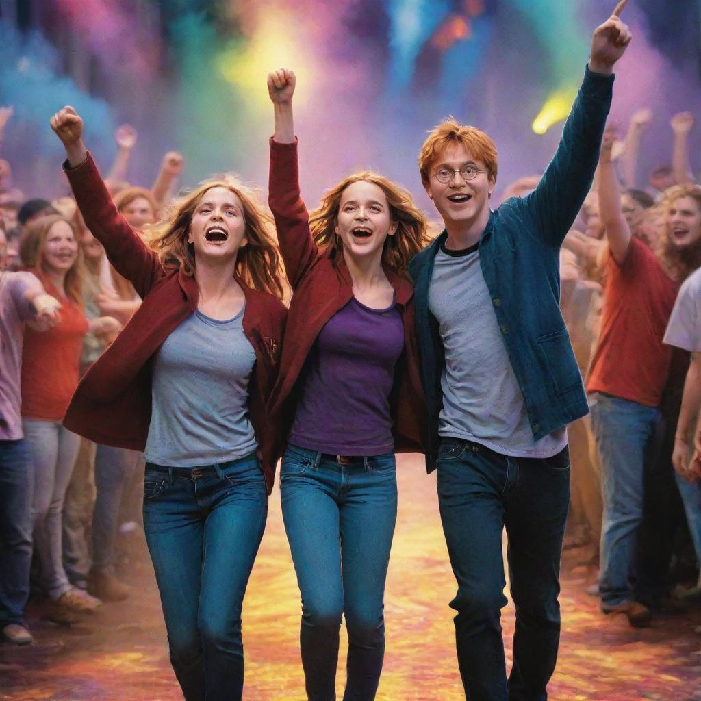 A realistic depiction of Harry Potter and his friends Hermione Granger and Ron Weasley at a joyful rave, filled with vibrant colors and magic.