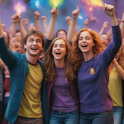 A realistic depiction of Harry Potter and his friends Hermione Granger and Ron Weasley at a joyful rave, filled with vibrant colors and magic.