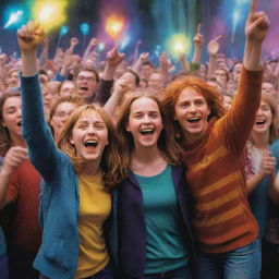 A realistic depiction of Harry Potter and his friends Hermione Granger and Ron Weasley at a joyful rave, filled with vibrant colors and magic.