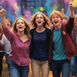 A realistic depiction of Harry Potter and his friends Hermione Granger and Ron Weasley at a joyful rave, filled with vibrant colors and magic.