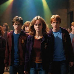 A realistic and darkly lit depiction of Harry Potter and his friends Hermione Granger and Ron Weasley engrossed in a lively rave, highlighting vibrant colors interplaying with shadows.