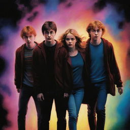 A realistic and darkly lit depiction of Harry Potter and his friends Hermione Granger and Ron Weasley engrossed in a lively rave, highlighting vibrant colors interplaying with shadows.