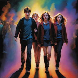 A realistic and darkly lit depiction of Harry Potter and his friends Hermione Granger and Ron Weasley engrossed in a lively rave, highlighting vibrant colors interplaying with shadows.