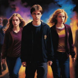 A realistic and darkly lit depiction of Harry Potter and his friends Hermione Granger and Ron Weasley engrossed in a lively rave, highlighting vibrant colors interplaying with shadows.