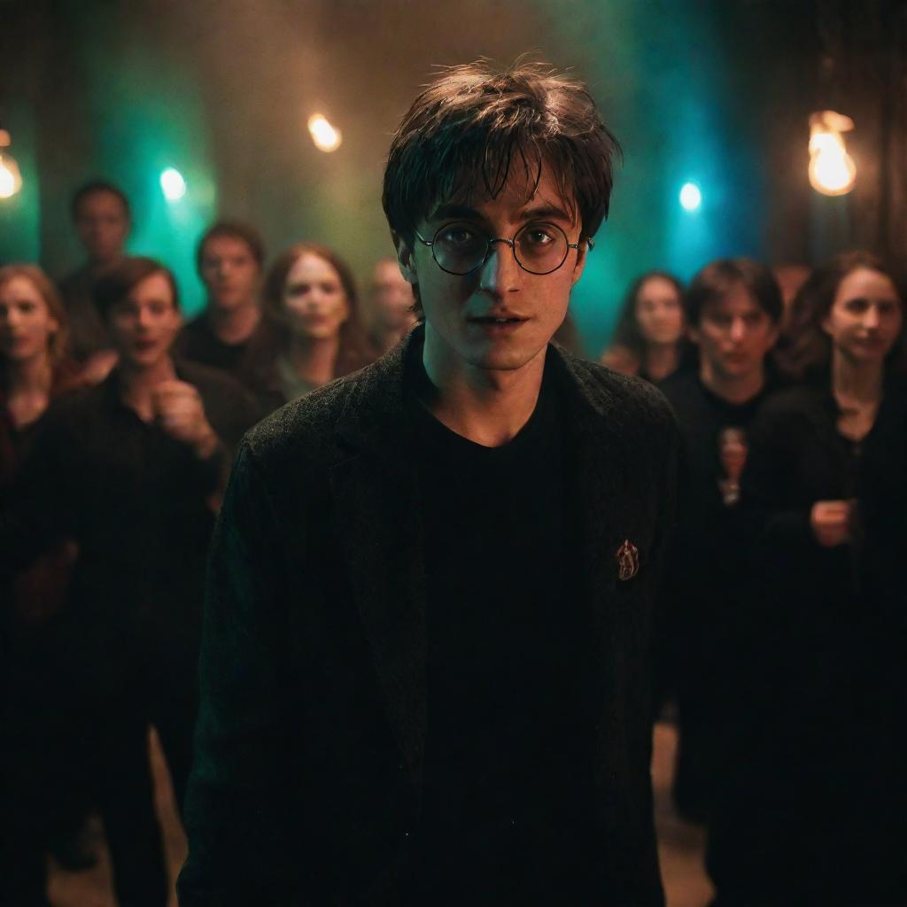 A realistic and darkly lit portrayal of Harry Potter partying, emphasizing his dynamic movement and the interplay of vivid lights and deep shadows.