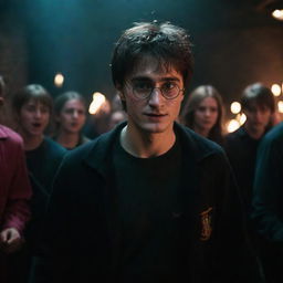 A realistic and darkly lit portrayal of Harry Potter partying, emphasizing his dynamic movement and the interplay of vivid lights and deep shadows.