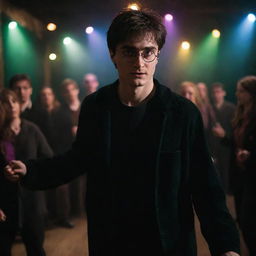 A realistic and darkly lit portrayal of Harry Potter partying, emphasizing his dynamic movement and the interplay of vivid lights and deep shadows.