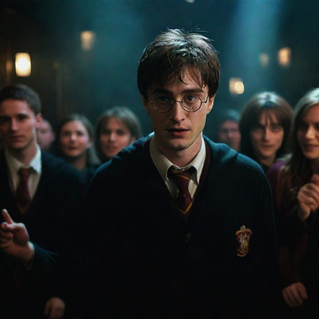 A realistic and darkly lit portrayal of Harry Potter partying, emphasizing his dynamic movement and the interplay of vivid lights and deep shadows.