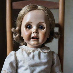 A vintage doll with a worn-out appearance, hollow eye sockets and cracked porcelain face, sitting on a dusty wooden chair.