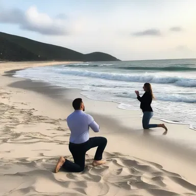 As they strolled along the beach, he got down on one knee and proposed out of the blue.