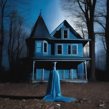 In the middle of the night, the haunted house creaked and a ghostly figure appeared out of the blue.
