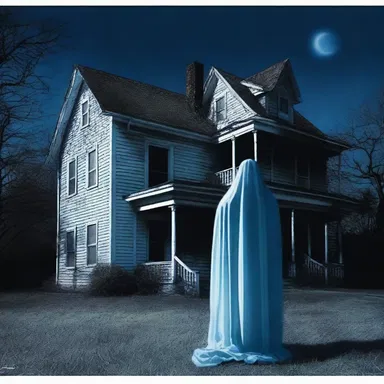 In the middle of the night, the haunted house creaked and a ghostly figure appeared out of the blue.