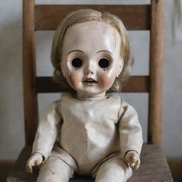 A vintage doll with a worn-out appearance, hollow eye sockets and cracked porcelain face, sitting on a dusty wooden chair.