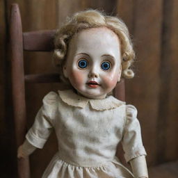 A vintage doll with a worn-out appearance, hollow eye sockets and cracked porcelain face, sitting on a dusty wooden chair.