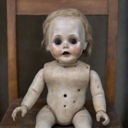 A vintage doll with a worn-out appearance, hollow eye sockets and cracked porcelain face, sitting on a dusty wooden chair.