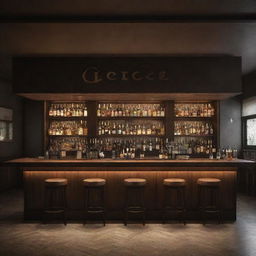 A realistically-rendered bar with atmospheric lighting, featuring a prominent sign displaying the word 'Gerçek'.