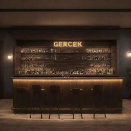 A realistically-rendered bar with atmospheric lighting, featuring a prominent sign displaying the word 'Gerçek'.