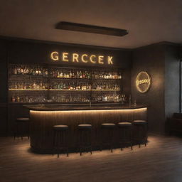 A realistically-rendered bar with atmospheric lighting, featuring a prominent sign displaying the word 'Gerçek'.