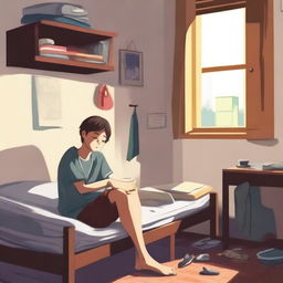 A high-quality digital art depicts a young boy, presumably a student, snoozing peacefully in his hostel room