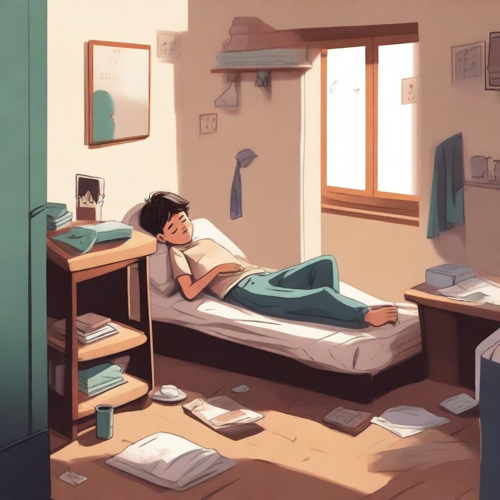 A high-quality digital art depicts a young boy, presumably a student, snoozing peacefully in his hostel room