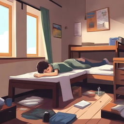 A high-quality digital art depicts a young boy, presumably a student, snoozing peacefully in his hostel room