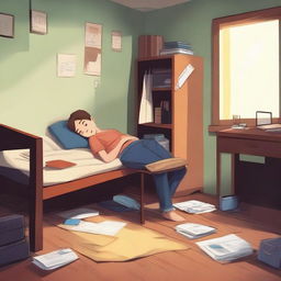 A high-quality digital art depicts a young boy, presumably a student, snoozing peacefully in his hostel room