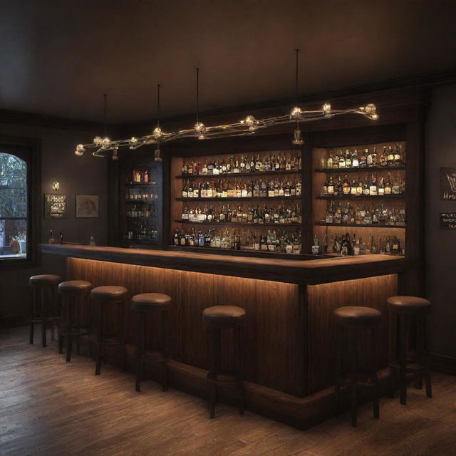 A realistically-rendered bar with atmospheric lighting, featuring a prominent sign displaying the word 'Gerçek'.