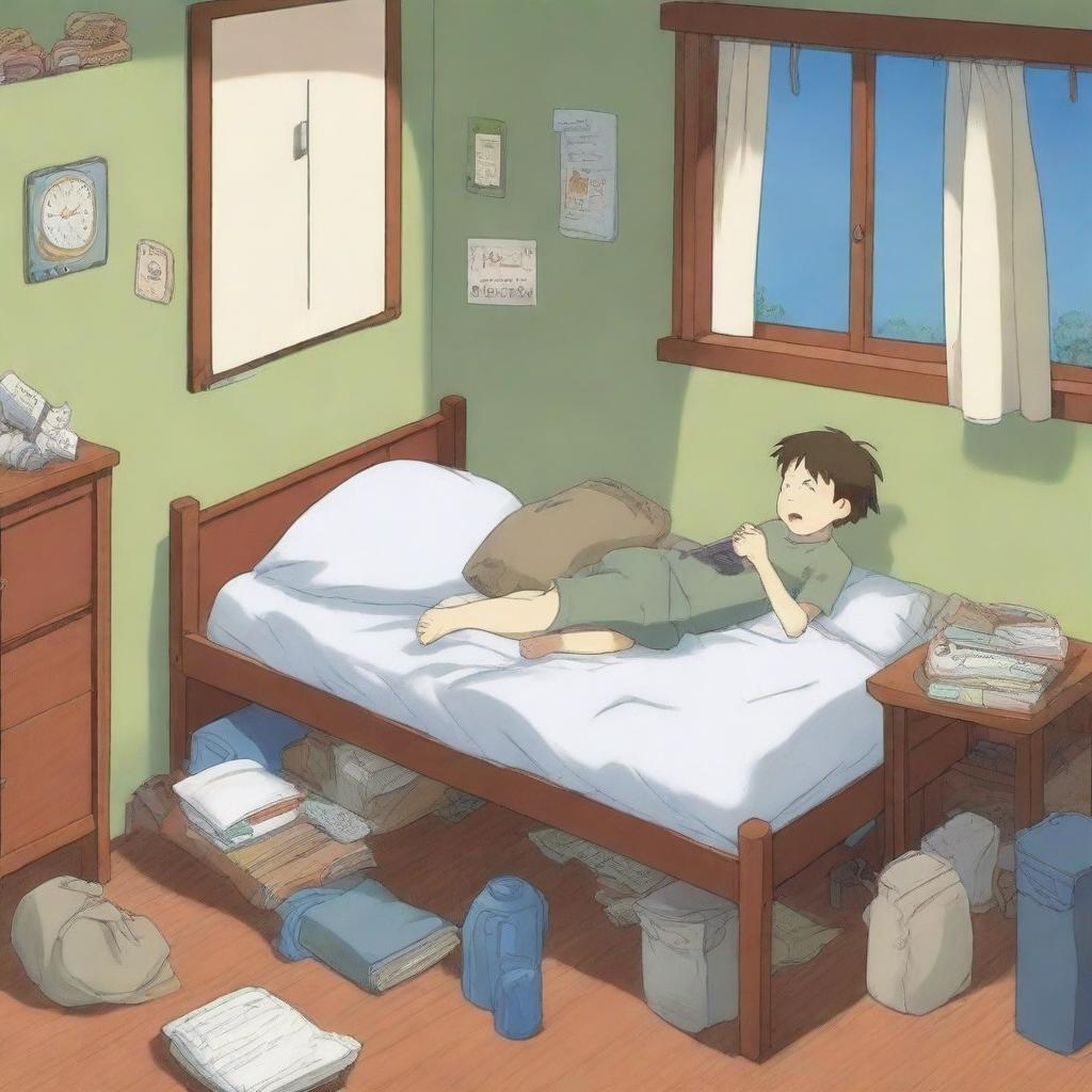 A high-quality anime-style illustration presents a young boy, possibly a student, sleeping soundly in his hostel room