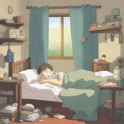 A high-quality anime-style illustration presents a young boy, possibly a student, sleeping soundly in his hostel room