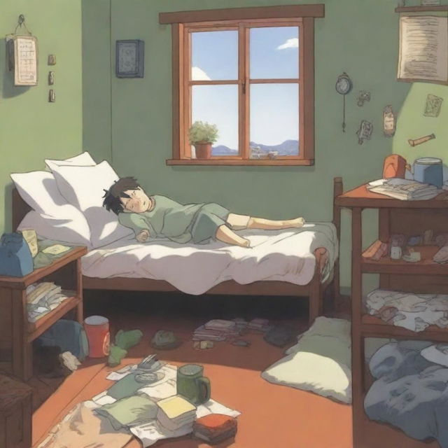 A high-quality anime-style illustration presents a young boy, possibly a student, sleeping soundly in his hostel room