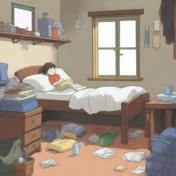 A high-quality anime-style illustration presents a young boy, possibly a student, sleeping soundly in his hostel room