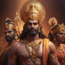 A breathtaking piece of digital art featuring Lord Ram, Lord Laxman, Sita, and Hanuman Ji. Rendered with exquisite realism, vibrant lighting effects, and a focus on high detail. Depicted in 4K resolution and trending Artstation style using octane, redshift, and Vray renders.