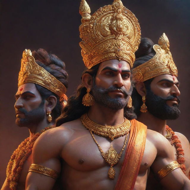 A breathtaking piece of digital art featuring Lord Ram, Lord Laxman, Sita, and Hanuman Ji. Rendered with exquisite realism, vibrant lighting effects, and a focus on high detail. Depicted in 4K resolution and trending Artstation style using octane, redshift, and Vray renders.