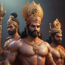 A breathtaking piece of digital art featuring Lord Ram, Lord Laxman, Sita, and Hanuman Ji. Rendered with exquisite realism, vibrant lighting effects, and a focus on high detail. Depicted in 4K resolution and trending Artstation style using octane, redshift, and Vray renders.