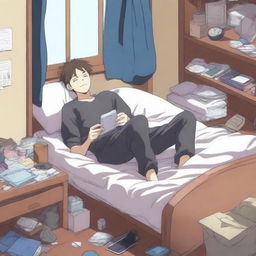 This high-quality anime-style illustration portrays an anime character, dozing off in his hostel room while still holding a smartphone