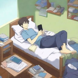 This high-quality anime-style illustration portrays an anime character, dozing off in his hostel room while still holding a smartphone