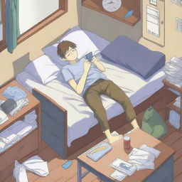 This high-quality anime-style illustration portrays an anime character, dozing off in his hostel room while still holding a smartphone